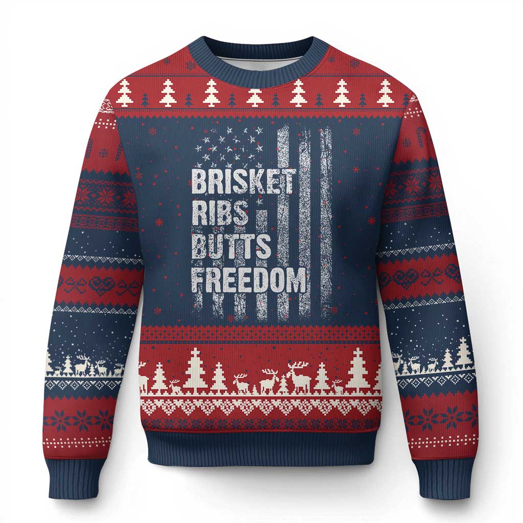 Funny BBQ Brisket Ribs Butts Freedom Ugly Christmas Sweater 4th Of July Meat Smoking American Flag - Wonder Print Shop