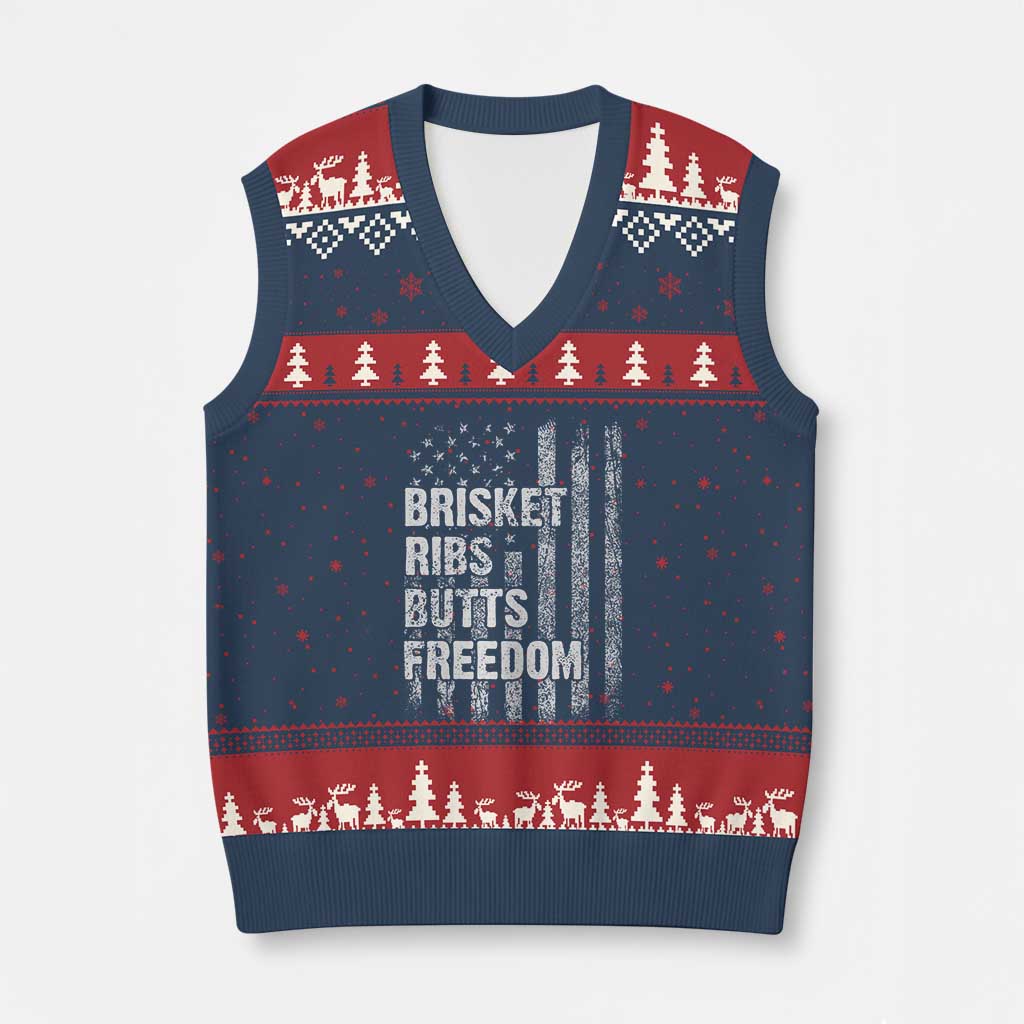 Funny BBQ Brisket Ribs Butts Freedom V-Neck Knit Sweater Vest 4th Of July Meat Smoking American Flag - Wonder Print Shop