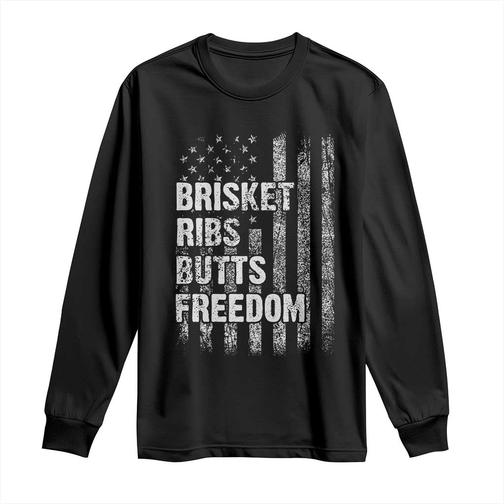Funny BBQ Brisket Ribs Butts Freedom Long Sleeve Shirt 4th Of July Meat Smoking American Flag - Wonder Print Shop