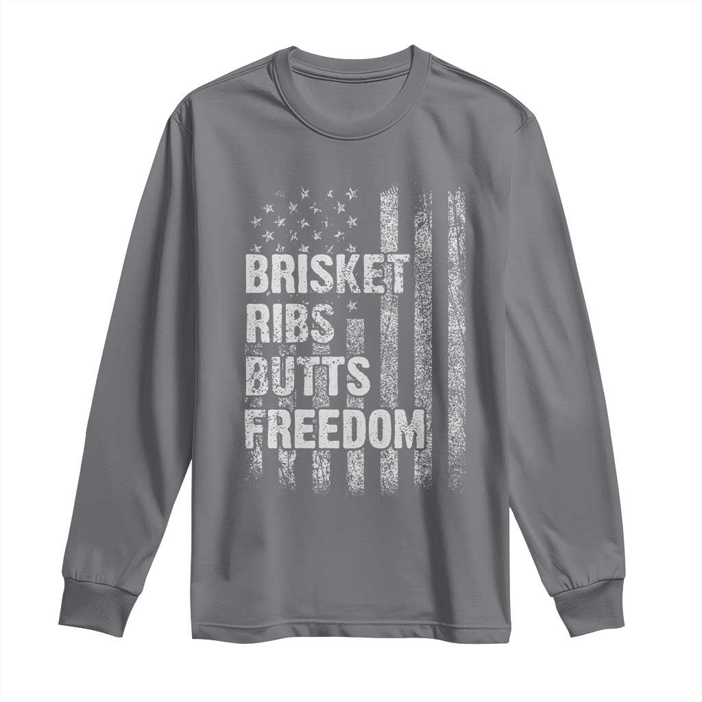 Funny BBQ Brisket Ribs Butts Freedom Long Sleeve Shirt 4th Of July Meat Smoking American Flag - Wonder Print Shop
