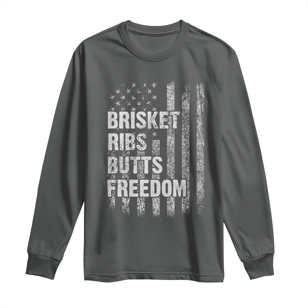 Funny BBQ Brisket Ribs Butts Freedom Long Sleeve Shirt 4th Of July Meat Smoking American Flag - Wonder Print Shop