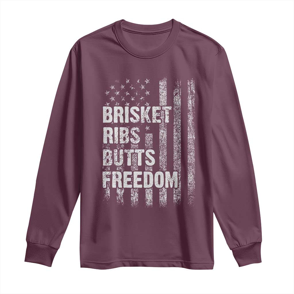 Funny BBQ Brisket Ribs Butts Freedom Long Sleeve Shirt 4th Of July Meat Smoking American Flag - Wonder Print Shop