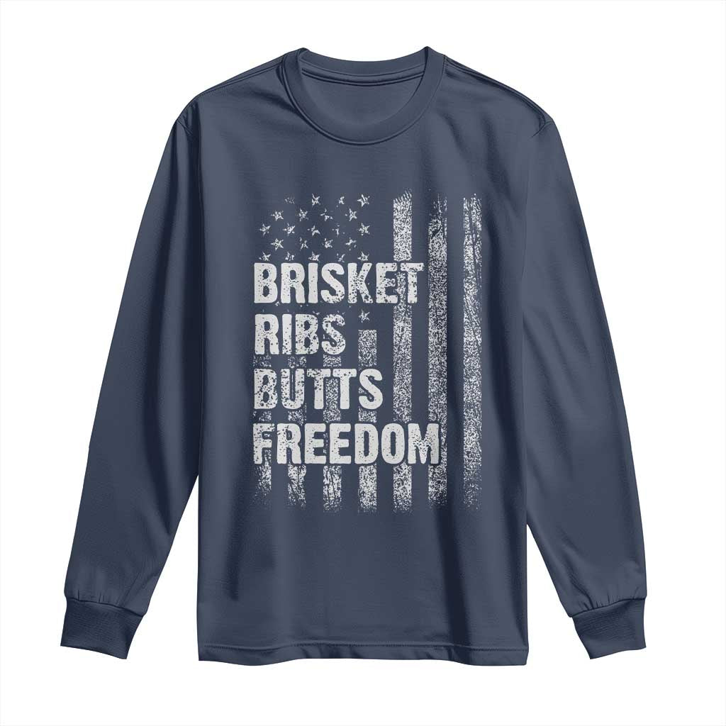 Funny BBQ Brisket Ribs Butts Freedom Long Sleeve Shirt 4th Of July Meat Smoking American Flag - Wonder Print Shop