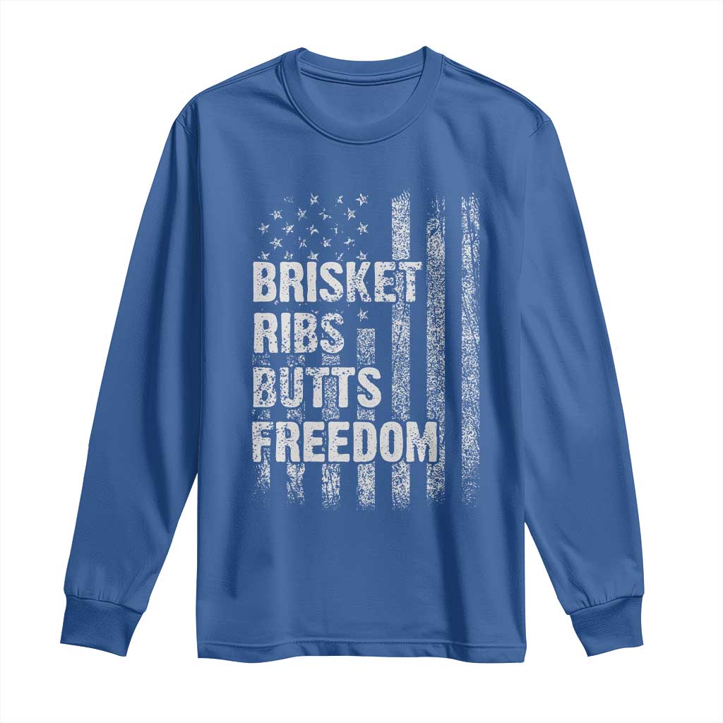 Funny BBQ Brisket Ribs Butts Freedom Long Sleeve Shirt 4th Of July Meat Smoking American Flag - Wonder Print Shop