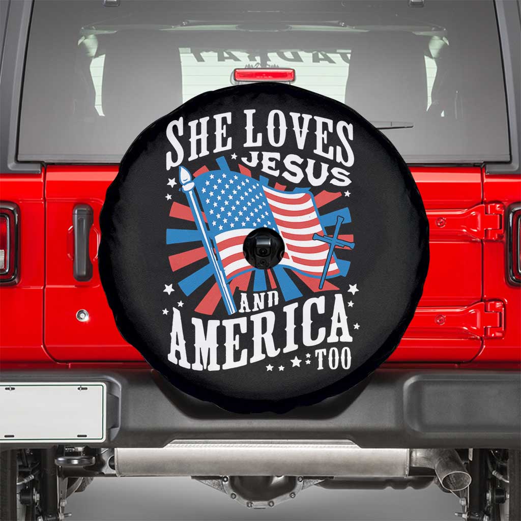 Funny She Loves Jesus And America Too Spare Tire Cover 4th Of July Patriotic Christian American Flag - Wonder Print Shop