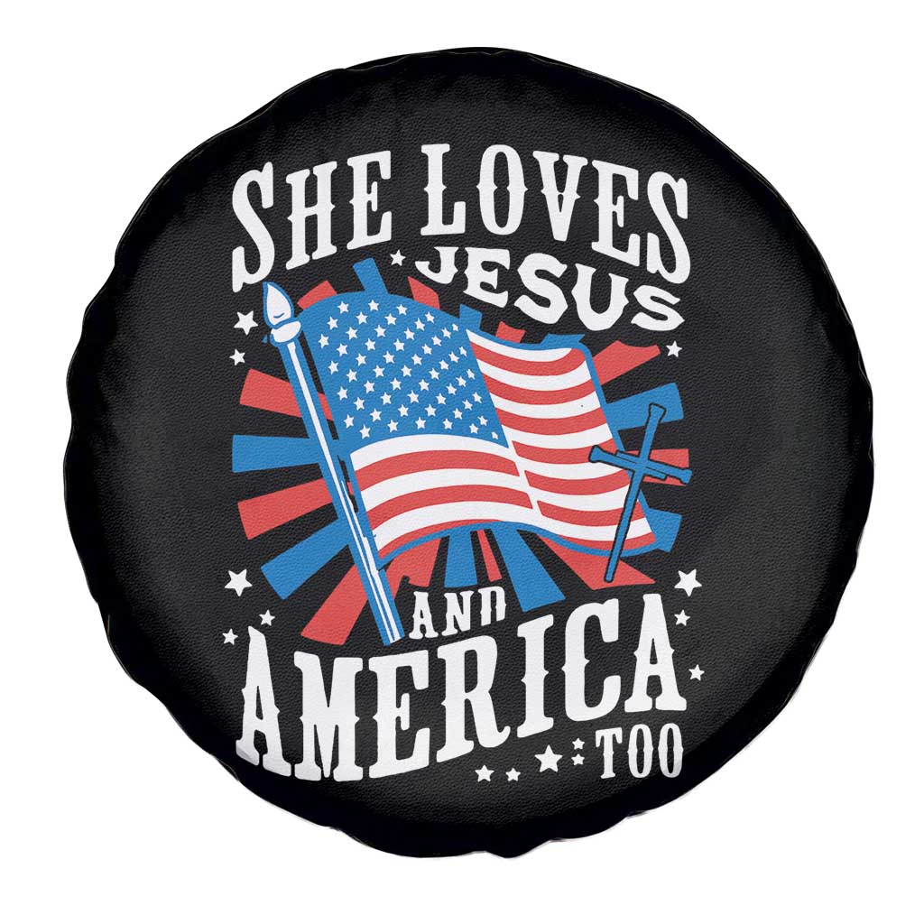 Funny She Loves Jesus And America Too Spare Tire Cover 4th Of July Patriotic Christian American Flag - Wonder Print Shop