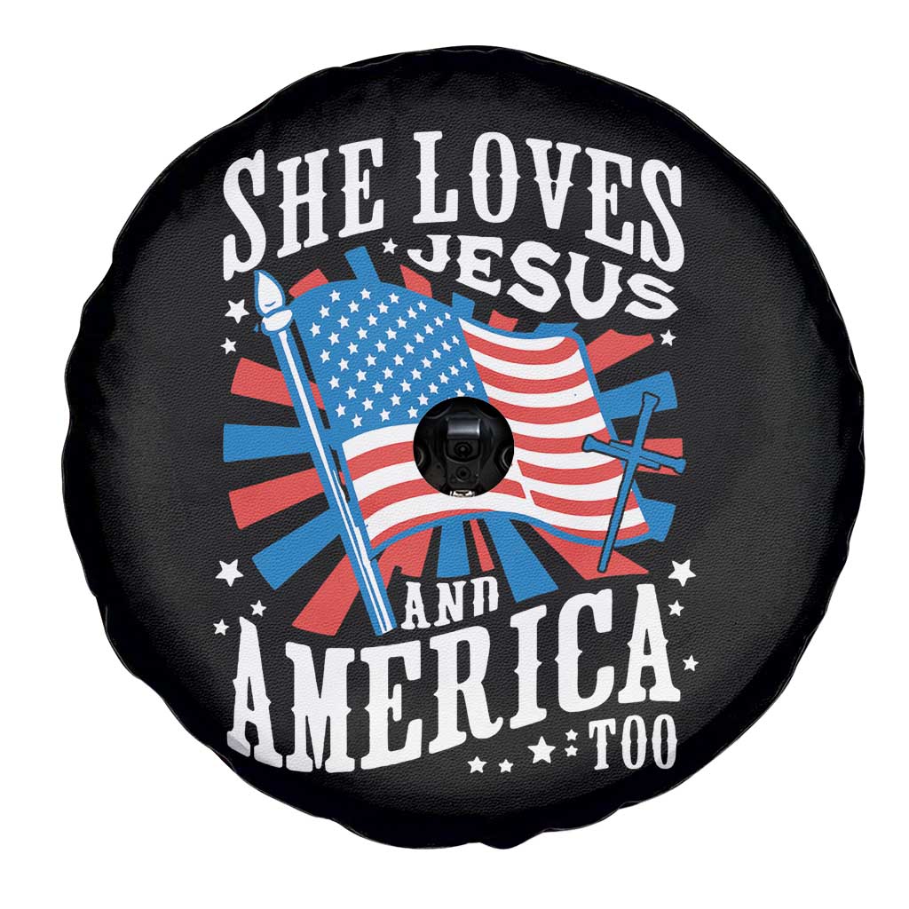 Funny She Loves Jesus And America Too Spare Tire Cover 4th Of July Patriotic Christian American Flag - Wonder Print Shop