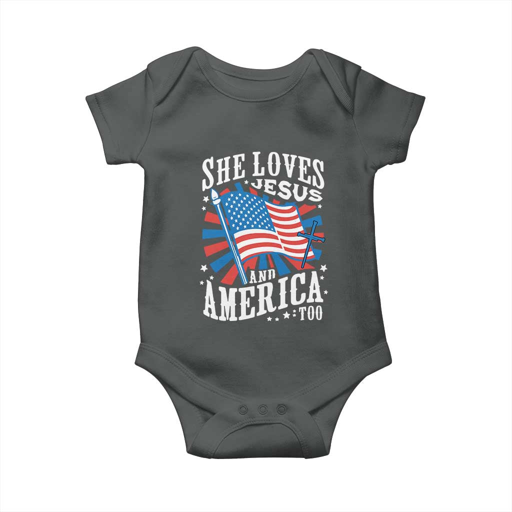 Funny She Loves Jesus And America Too Baby Onesie 4th Of July Patriotic Christian American Flag - Wonder Print Shop