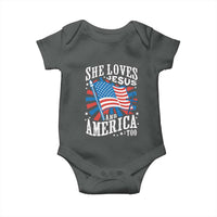 Funny She Loves Jesus And America Too Baby Onesie 4th Of July Patriotic Christian American Flag - Wonder Print Shop