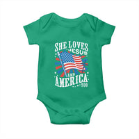 Funny She Loves Jesus And America Too Baby Onesie 4th Of July Patriotic Christian American Flag - Wonder Print Shop