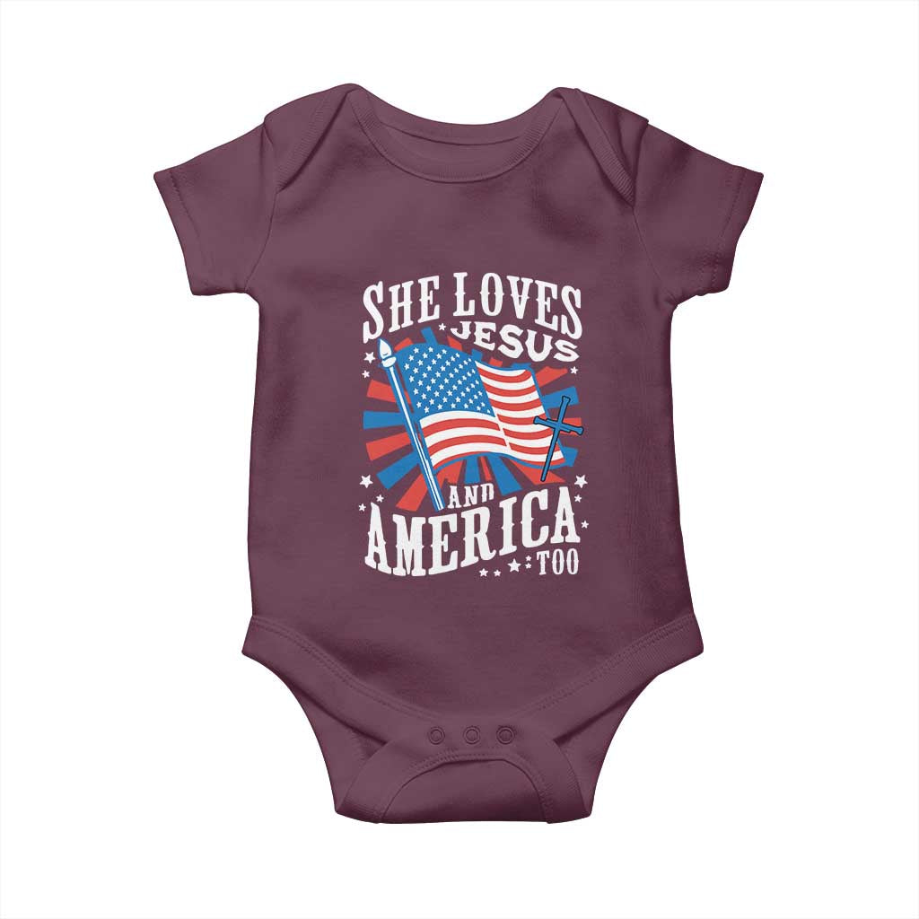 Funny She Loves Jesus And America Too Baby Onesie 4th Of July Patriotic Christian American Flag - Wonder Print Shop