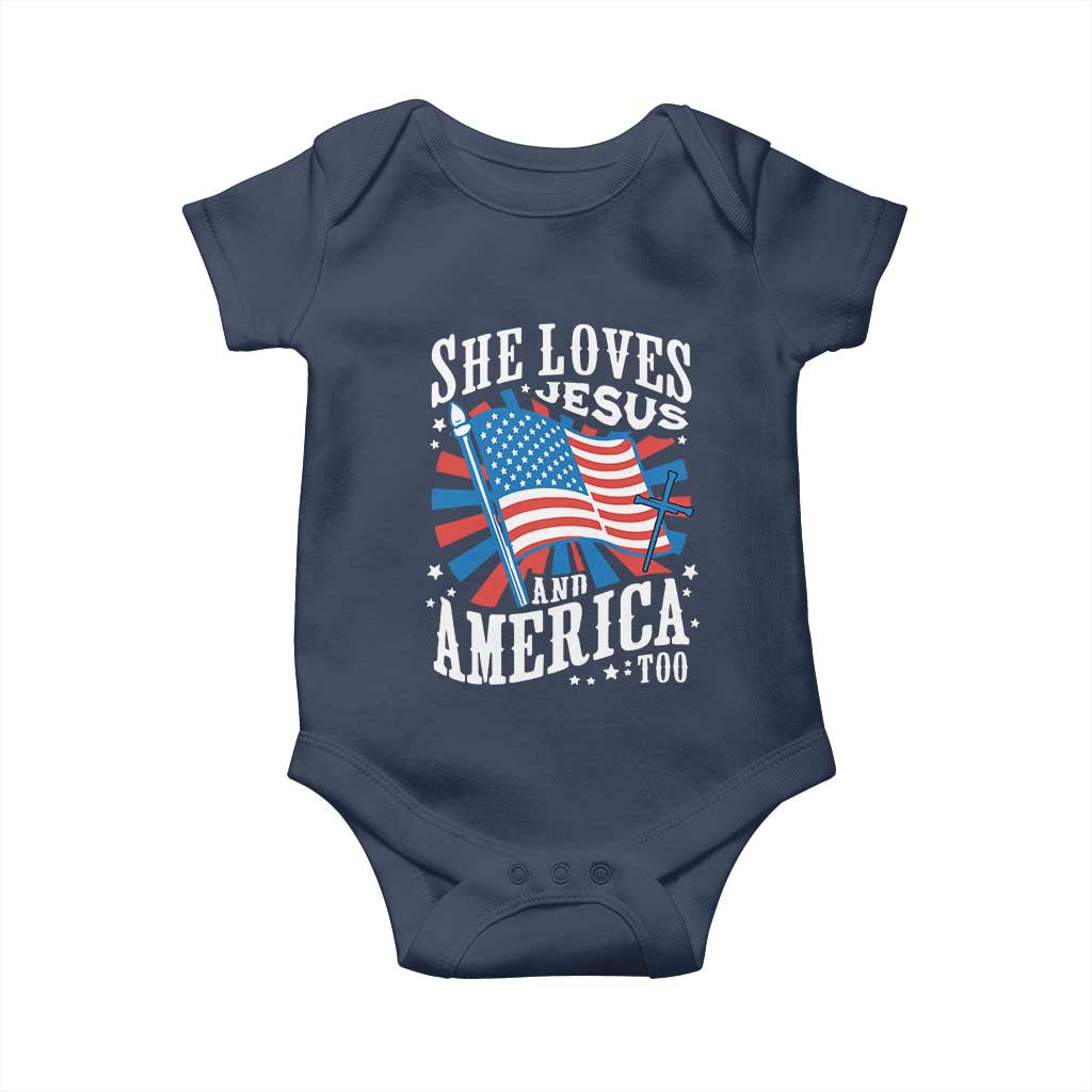 Funny She Loves Jesus And America Too Baby Onesie 4th Of July Patriotic Christian American Flag - Wonder Print Shop