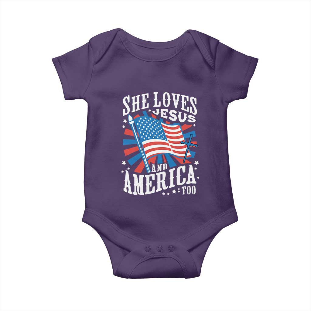 Funny She Loves Jesus And America Too Baby Onesie 4th Of July Patriotic Christian American Flag - Wonder Print Shop