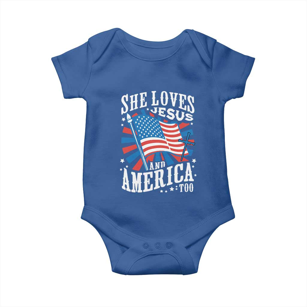 Funny She Loves Jesus And America Too Baby Onesie 4th Of July Patriotic Christian American Flag - Wonder Print Shop