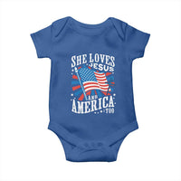 Funny She Loves Jesus And America Too Baby Onesie 4th Of July Patriotic Christian American Flag - Wonder Print Shop