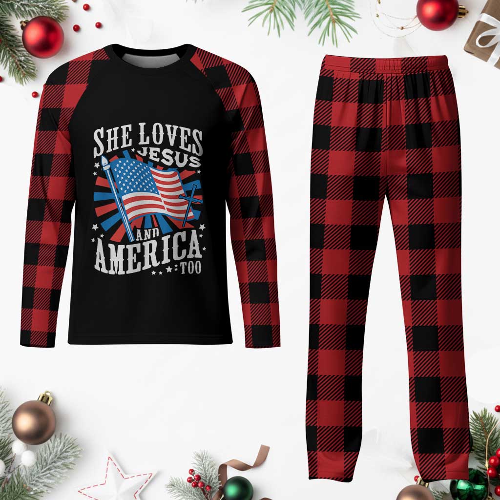 Funny She Loves Jesus And America Too Plaid Pajama Set 4th Of July Patriotic Christian American Flag - Wonder Print Shop