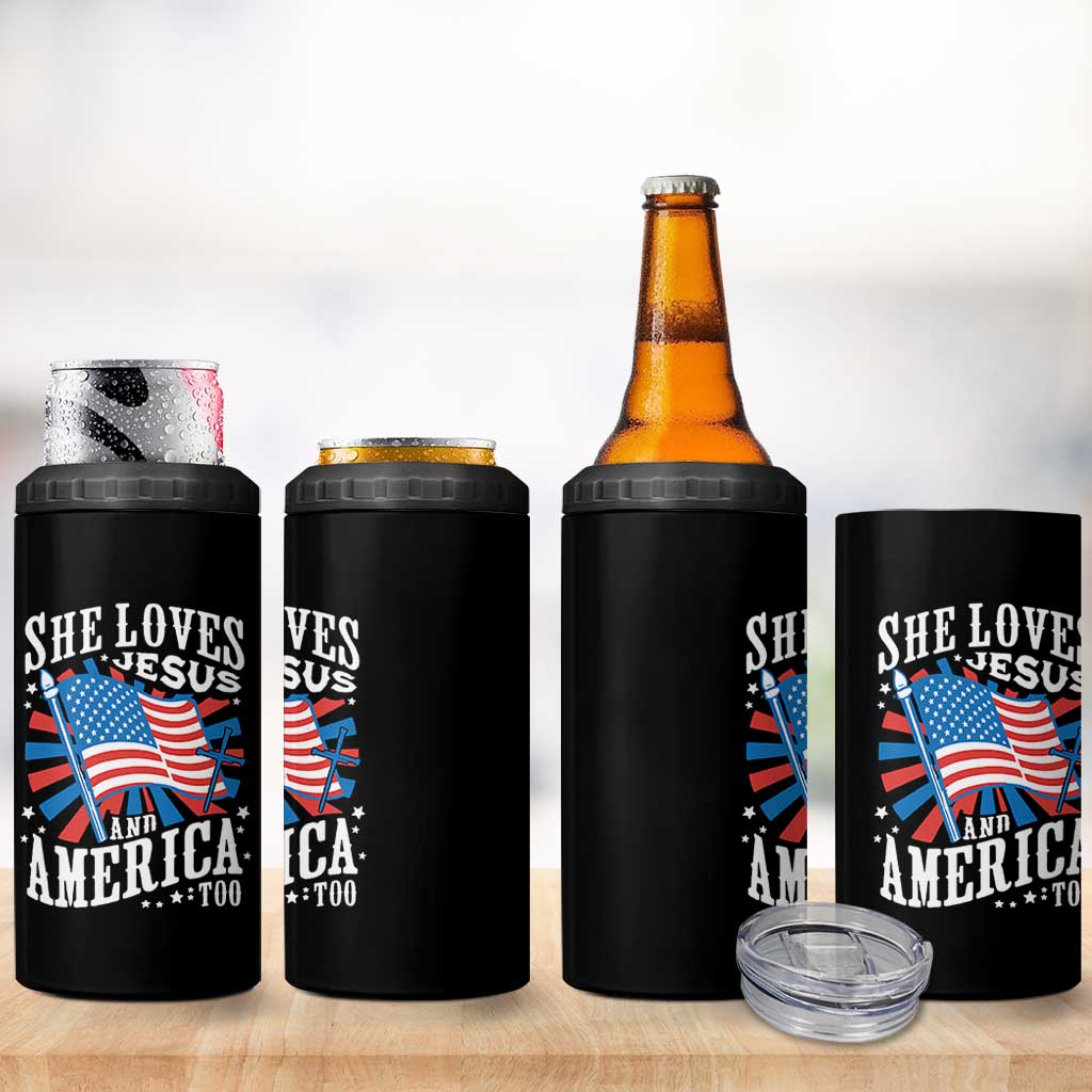 Funny She Loves Jesus And America Too 4 in 1 Can Cooler Tumbler 4th Of July Patriotic Christian American Flag - Wonder Print Shop
