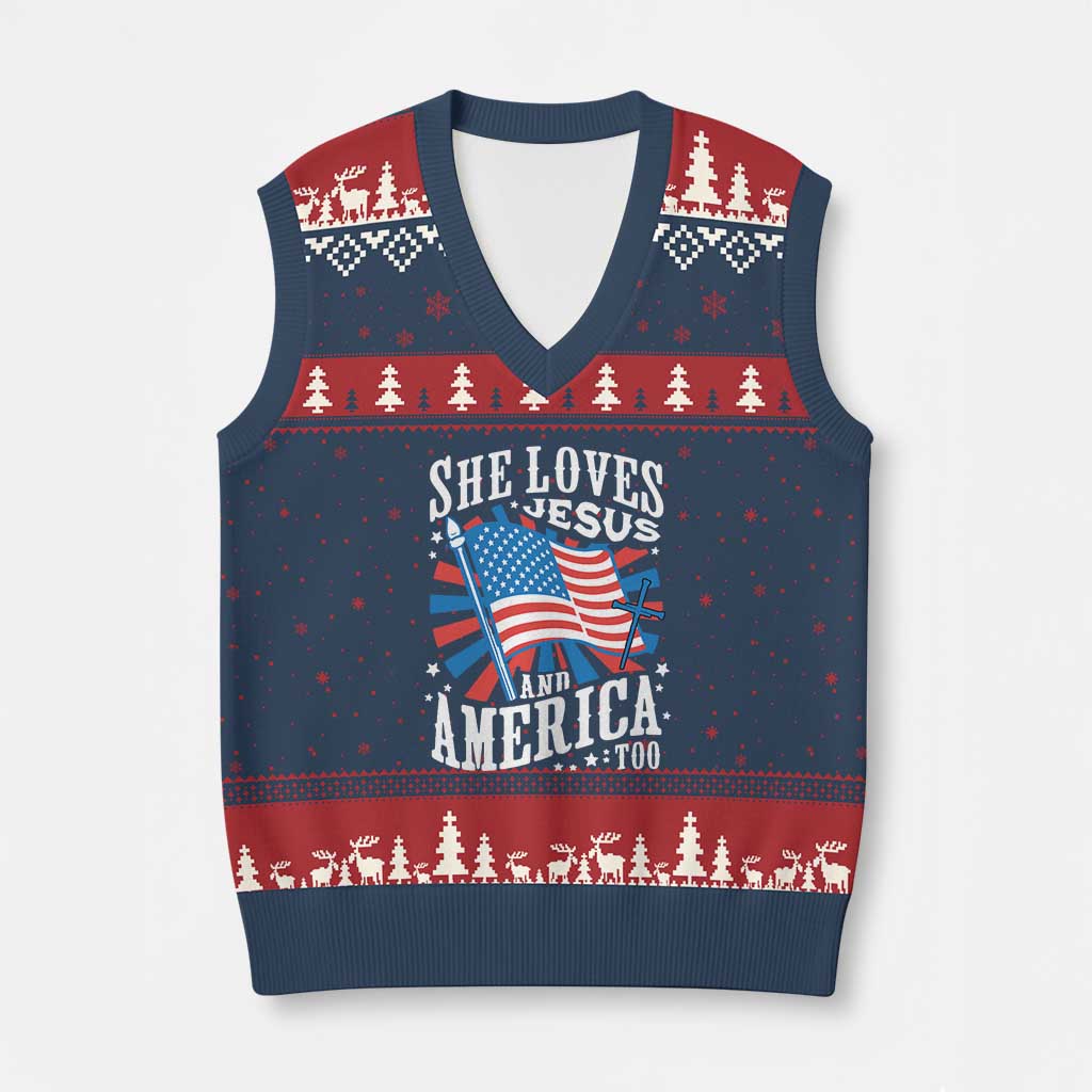 Funny She Loves Jesus And America Too V-Neck Knit Sweater Vest 4th Of July Patriotic Christian American Flag - Wonder Print Shop