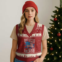 Funny She Loves Jesus And America Too V-Neck Knit Sweater Vest 4th Of July Patriotic Christian American Flag - Wonder Print Shop