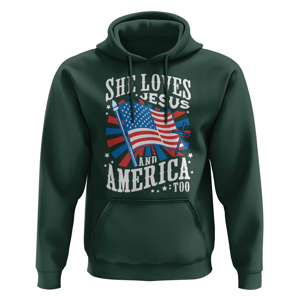 Funny She Loves Jesus And America Too Hoodie 4th Of July Patriotic Christian American Flag - Wonder Print Shop