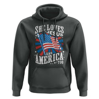 Funny She Loves Jesus And America Too Hoodie 4th Of July Patriotic Christian American Flag - Wonder Print Shop
