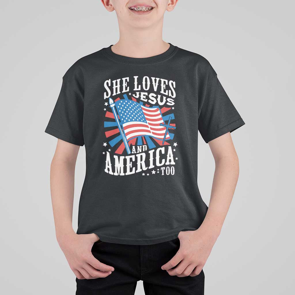 Funny She Loves Jesus And America Too T Shirt For Kid 4th Of July Patriotic Christian American Flag - Wonder Print Shop