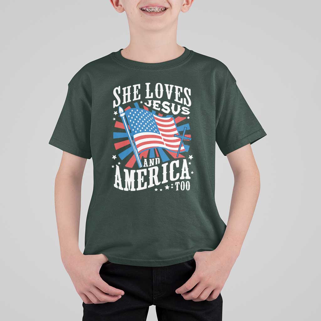 Funny She Loves Jesus And America Too T Shirt For Kid 4th Of July Patriotic Christian American Flag - Wonder Print Shop