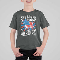 Funny She Loves Jesus And America Too T Shirt For Kid 4th Of July Patriotic Christian American Flag - Wonder Print Shop