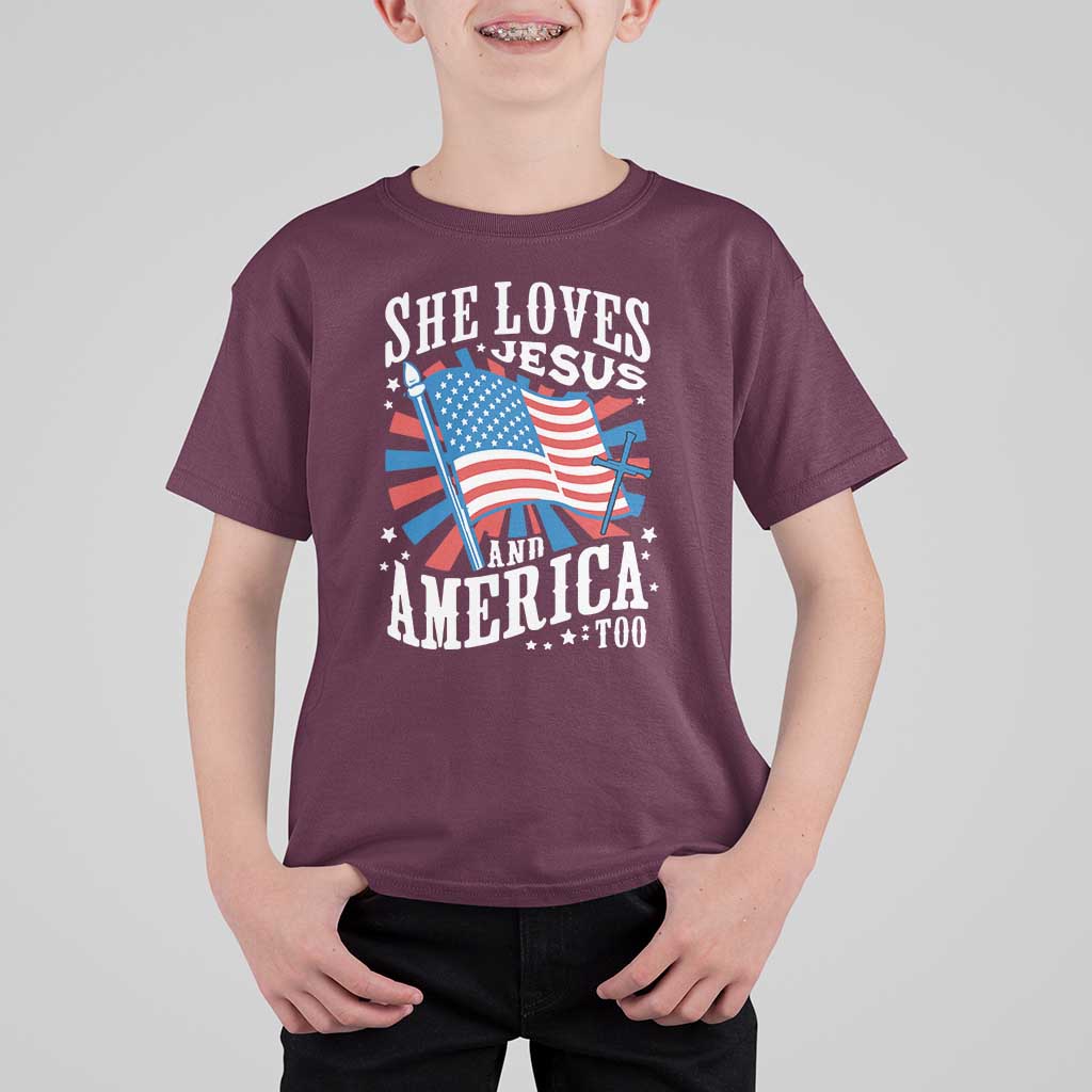 Funny She Loves Jesus And America Too T Shirt For Kid 4th Of July Patriotic Christian American Flag - Wonder Print Shop