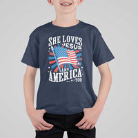 Funny She Loves Jesus And America Too T Shirt For Kid 4th Of July Patriotic Christian American Flag - Wonder Print Shop