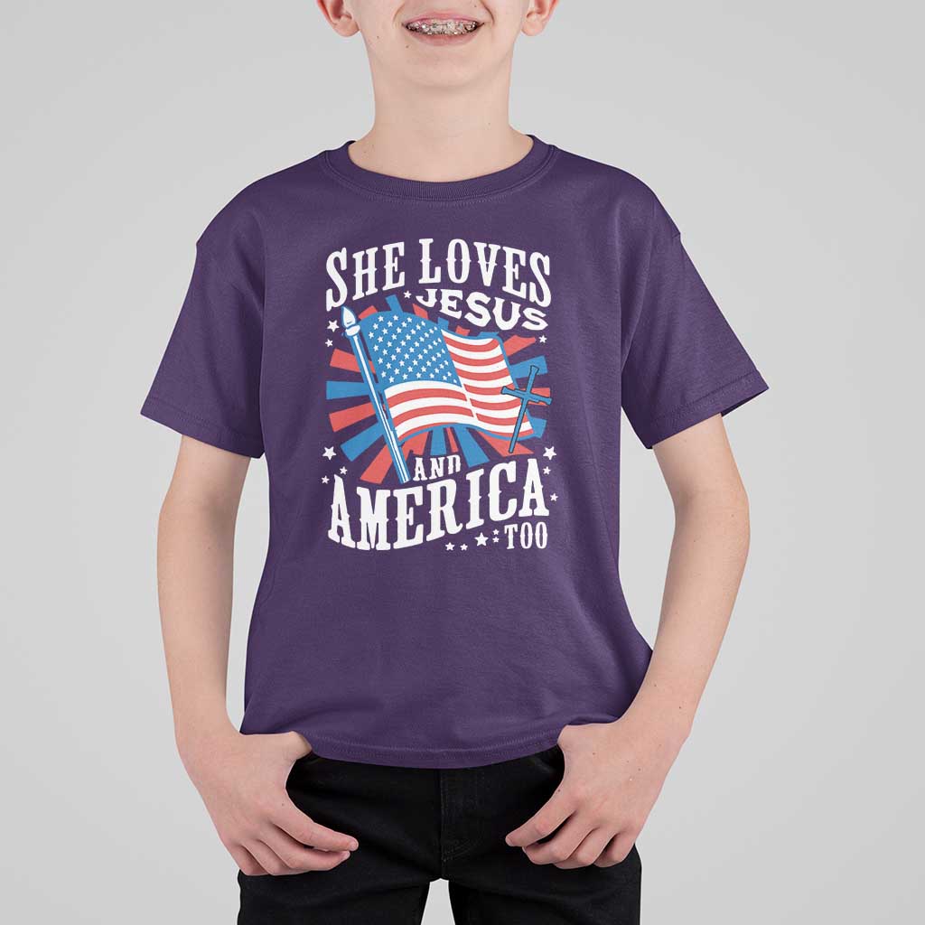Funny She Loves Jesus And America Too T Shirt For Kid 4th Of July Patriotic Christian American Flag - Wonder Print Shop