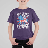 Funny She Loves Jesus And America Too T Shirt For Kid 4th Of July Patriotic Christian American Flag - Wonder Print Shop