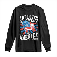 Funny She Loves Jesus And America Too Long Sleeve Shirt 4th Of July Patriotic Christian American Flag - Wonder Print Shop