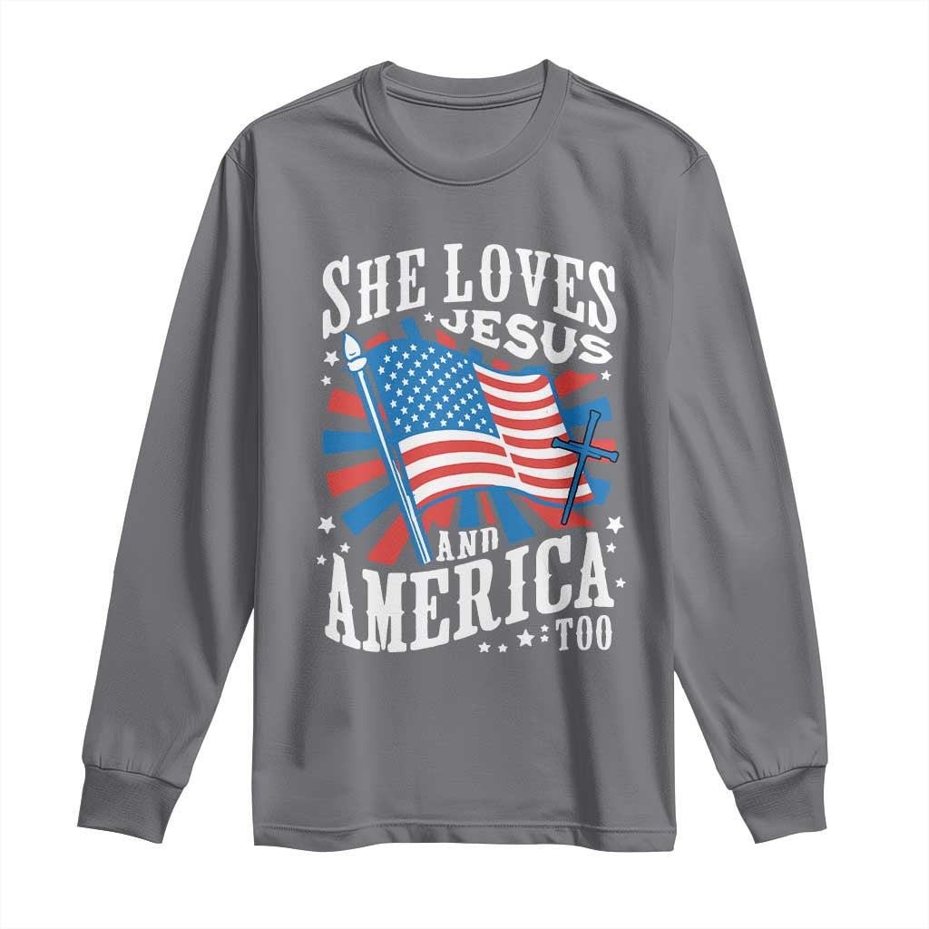 Funny She Loves Jesus And America Too Long Sleeve Shirt 4th Of July Patriotic Christian American Flag - Wonder Print Shop