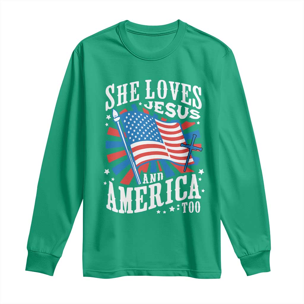 Funny She Loves Jesus And America Too Long Sleeve Shirt 4th Of July Patriotic Christian American Flag - Wonder Print Shop
