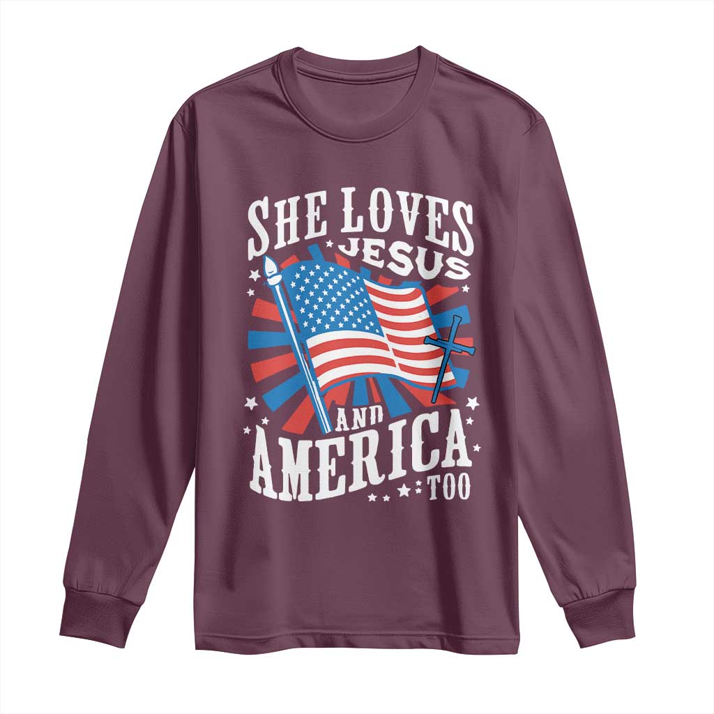 Funny She Loves Jesus And America Too Long Sleeve Shirt 4th Of July Patriotic Christian American Flag - Wonder Print Shop