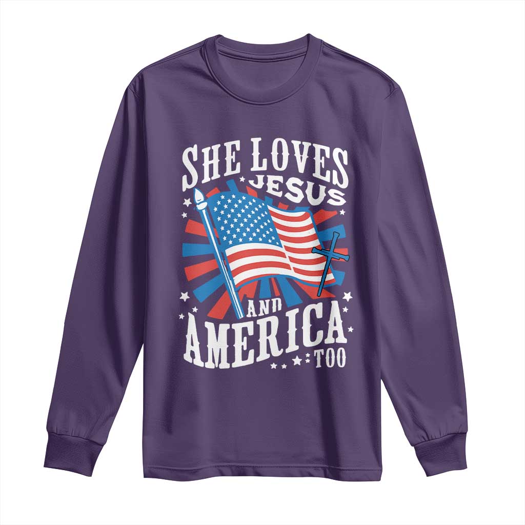 Funny She Loves Jesus And America Too Long Sleeve Shirt 4th Of July Patriotic Christian American Flag - Wonder Print Shop