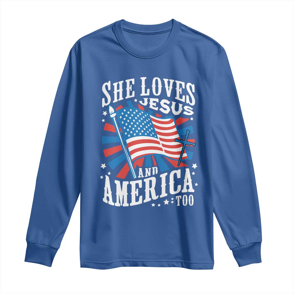 Funny She Loves Jesus And America Too Long Sleeve Shirt 4th Of July Patriotic Christian American Flag - Wonder Print Shop