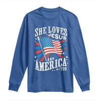 Funny She Loves Jesus And America Too Long Sleeve Shirt 4th Of July Patriotic Christian American Flag - Wonder Print Shop