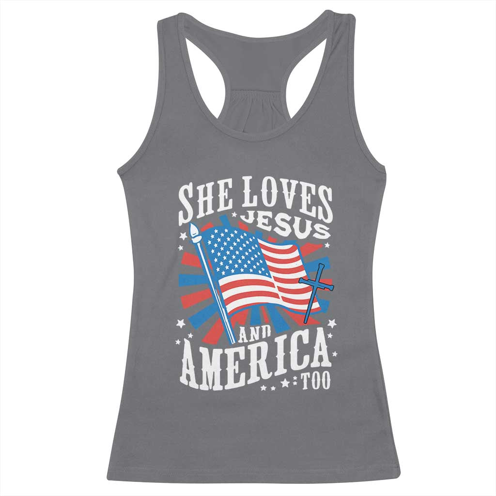 Funny She Loves Jesus And America Too Racerback Tank Top 4th Of July Patriotic Christian American Flag - Wonder Print Shop