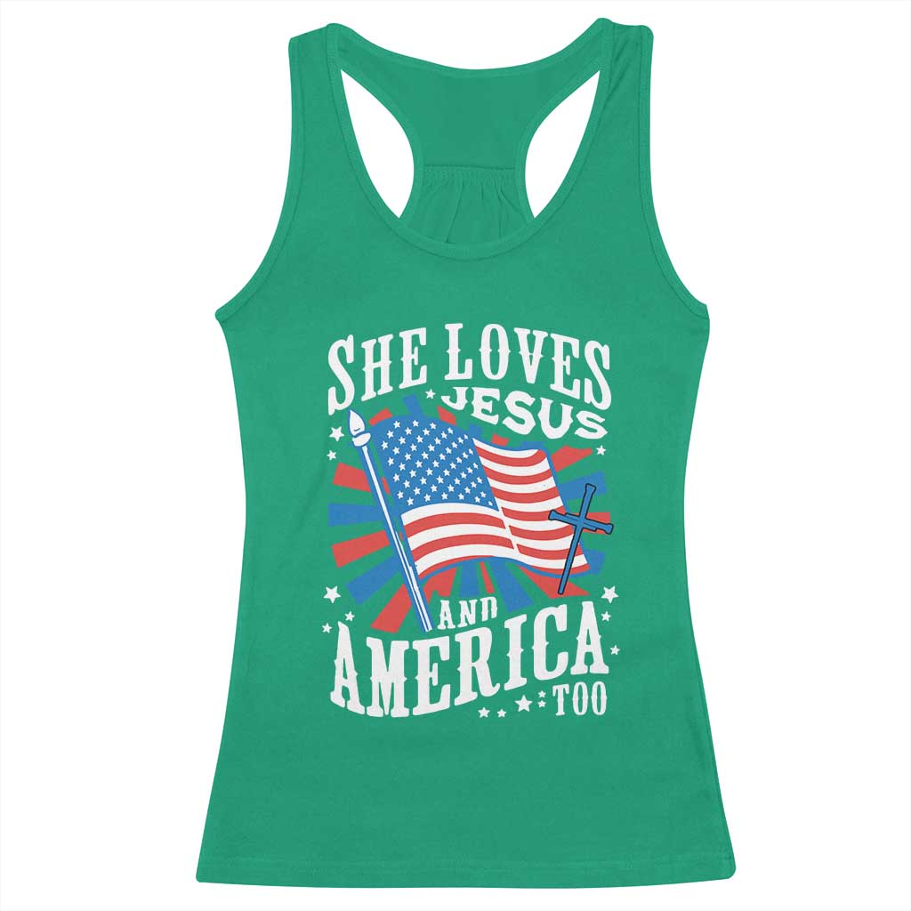 Funny She Loves Jesus And America Too Racerback Tank Top 4th Of July Patriotic Christian American Flag - Wonder Print Shop