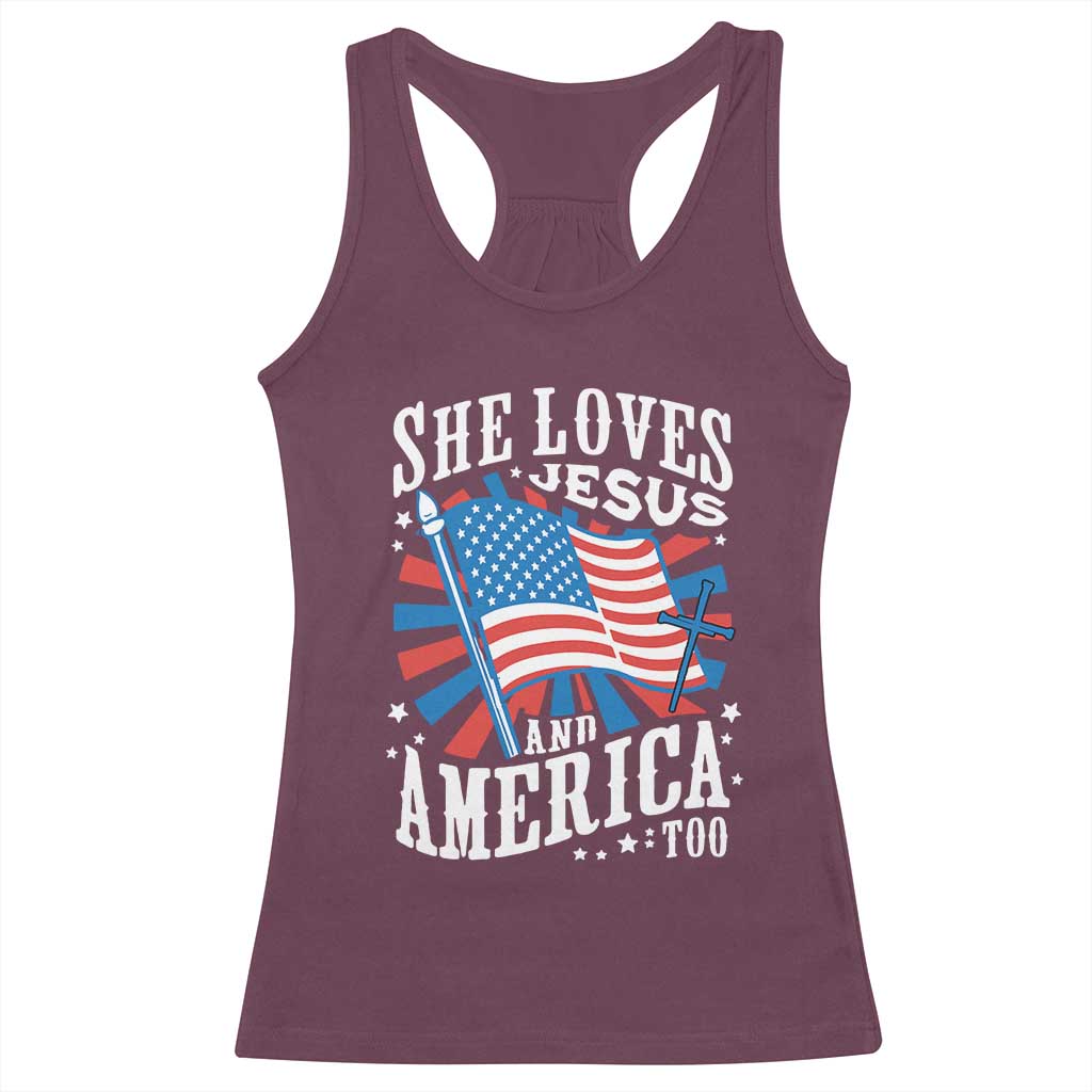 Funny She Loves Jesus And America Too Racerback Tank Top 4th Of July Patriotic Christian American Flag - Wonder Print Shop