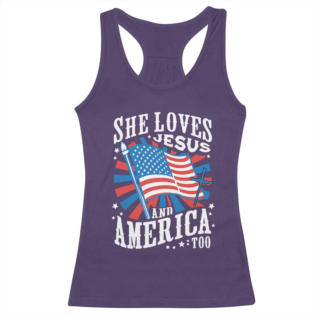 Funny She Loves Jesus And America Too Racerback Tank Top 4th Of July Patriotic Christian American Flag - Wonder Print Shop