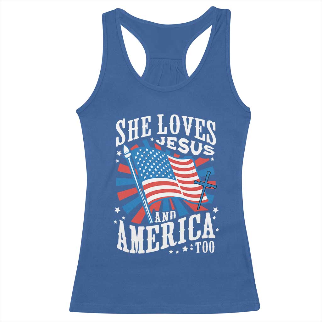 Funny She Loves Jesus And America Too Racerback Tank Top 4th Of July Patriotic Christian American Flag - Wonder Print Shop