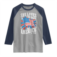 Funny She Loves Jesus And America Too Raglan Shirt 4th Of July Patriotic Christian American Flag - Wonder Print Shop