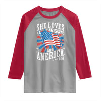 Funny She Loves Jesus And America Too Raglan Shirt 4th Of July Patriotic Christian American Flag - Wonder Print Shop