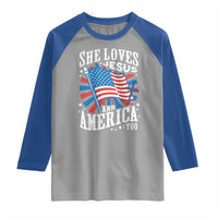 Funny She Loves Jesus And America Too Raglan Shirt 4th Of July Patriotic Christian American Flag - Wonder Print Shop