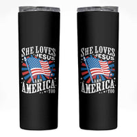 Funny She Loves Jesus And America Too Skinny Tumbler 4th Of July Patriotic Christian American Flag - Wonder Print Shop