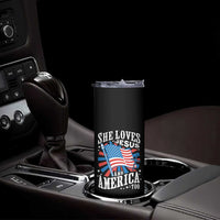 Funny She Loves Jesus And America Too Skinny Tumbler 4th Of July Patriotic Christian American Flag - Wonder Print Shop