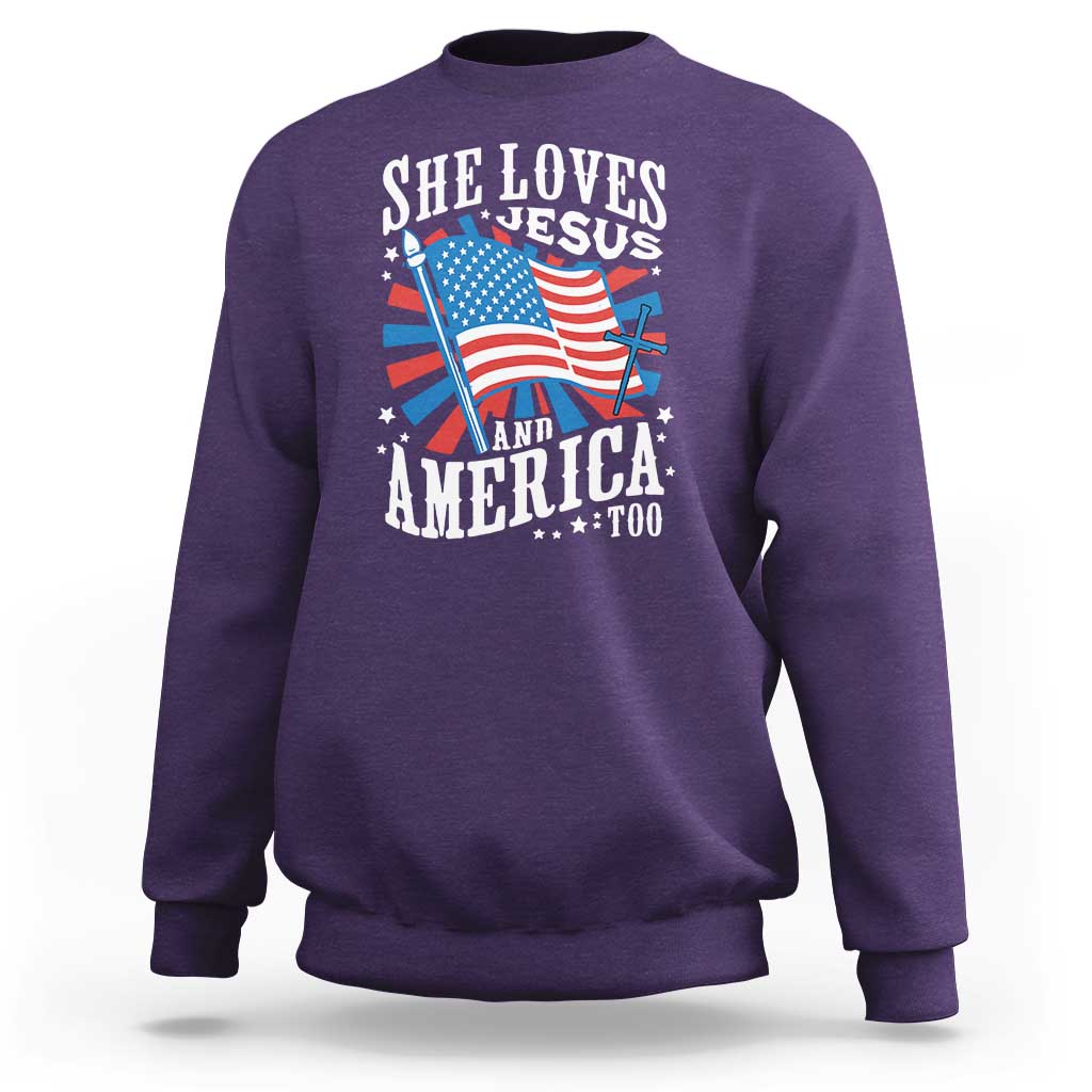 Funny She Loves Jesus And America Too Sweatshirt 4th Of July Patriotic Christian American Flag - Wonder Print Shop
